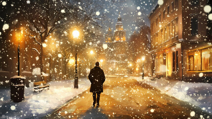 Man in a snowbound city street at night in one of the european countries. Snowbound. Illustration