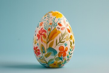 Hand-painted sustainable Easter egg with abstract floral pattern isolated on a soft blue gradient background