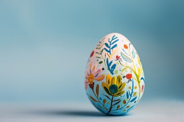 Hand-painted sustainable Easter egg with abstract floral pattern isolated on a soft blue gradient background