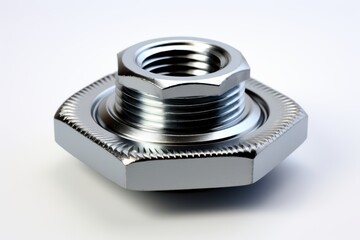Metallic hex nut with precise threading and polished finish displayed against a clean background for focus on design and craftsmanship