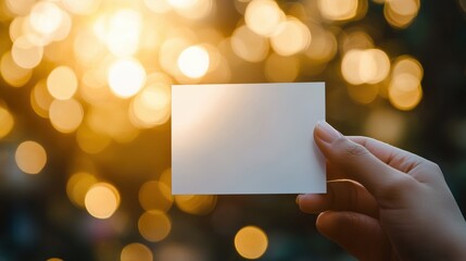 Obraz premium Hand Holding Blank White Card Against Golden Lights