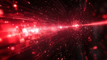 Fototapeta premium Red digital tunnel with light trails and particles.