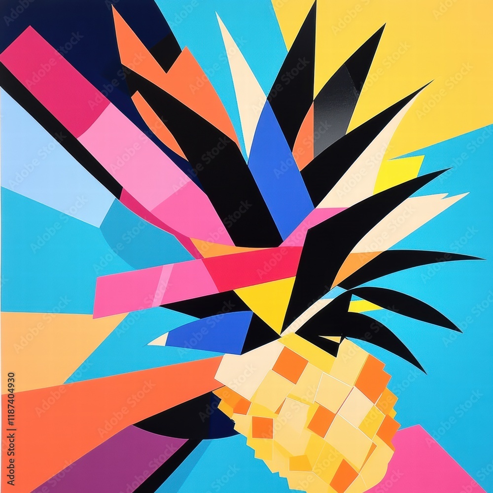 Poster vibrant abstract geometric representation of a pineapple showcasing bright colors and bold shapes in