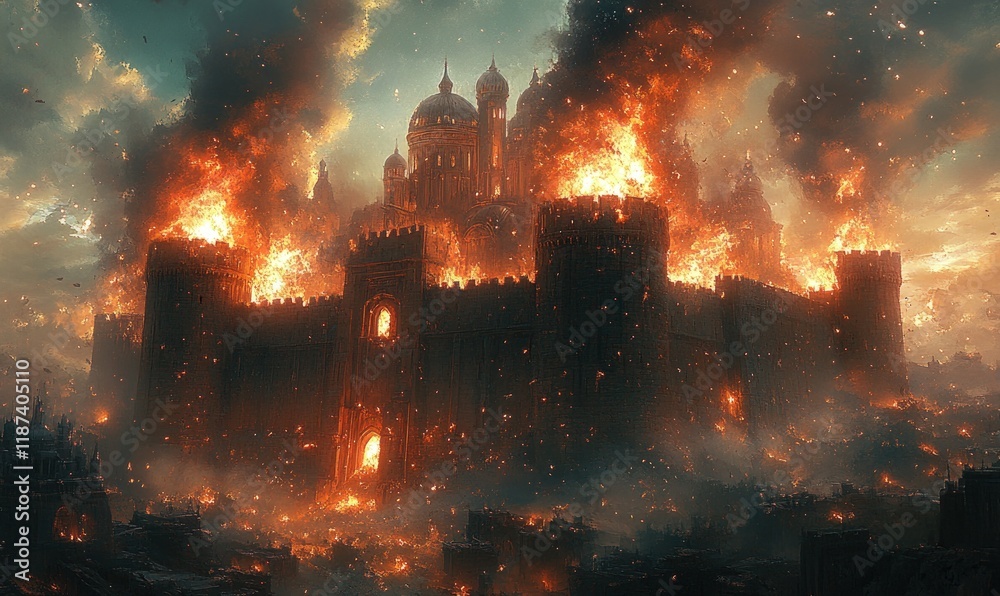 Wall mural Fiery inferno consumes grand castle, city ablaze.