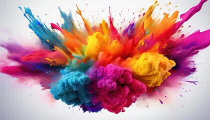 Vivid Powder Explosions against a White Background Striking Colorful Paint Splashes Dazzling in High Contrast Composition