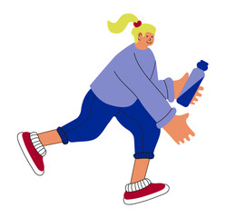 Cartoon style illustration of a running woman. Promotion of an active lifestyle, workout, training. Sports, jogging, cross-country, marathon. Flat style. Vector illustration.