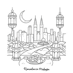 Fototapeta premium Simple sketch drawing of Ramadan Kareem illustration in Malaysia. Ramadan Kareem themes in simple sketch concept design vector. Design with Mosque, building, lantern, moon, star and others ornament.