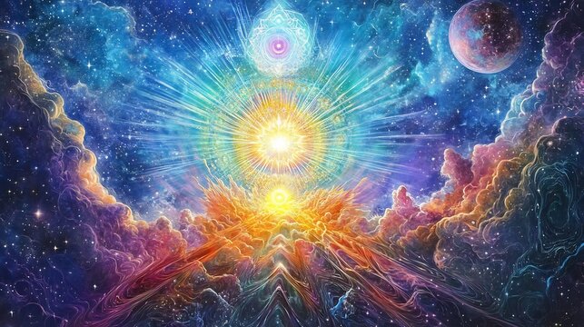 Celestial harmony visualized radiant cosmic light and vibrant astrological symbolism representing the spiritual cosmos in colorful designs