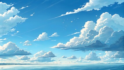 A serene, anime-style illustration depicts a vast blue sky filled with fluffy