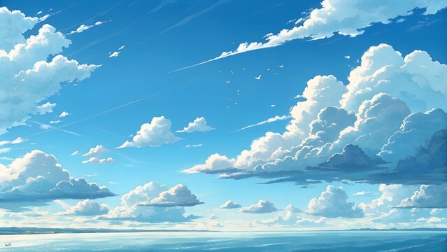 A serene, anime-style illustration depicts a vast blue sky filled with fluffy