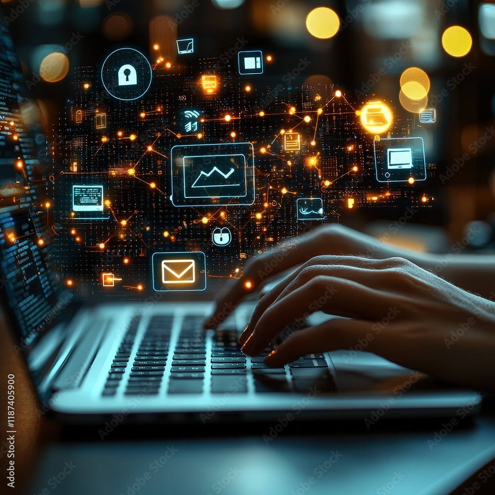 Poster a person typing on a laptop with digital icons hovering above representing various online activities