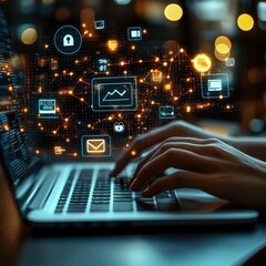 A person typing on a laptop with digital icons hovering above representing various online activities and data processing. This image can be used for technology blogs or website banners.