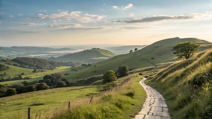 A serene landscape features a winding path leading through rolling green hills and valleys. 