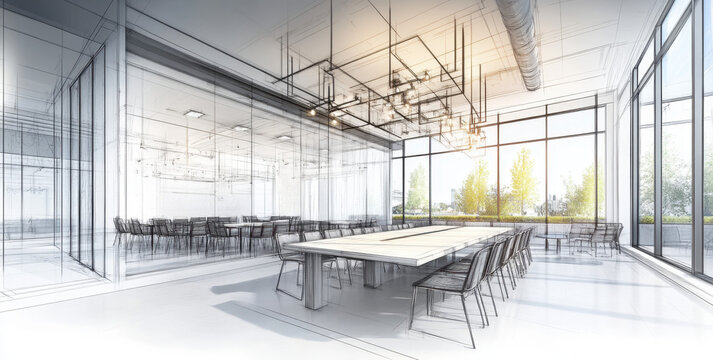 A spacious conference room design showcases a long table surrounded by sleek chairs. Large windows allow ample natural light, complemented by stylish light fixtures and greenery outside.
