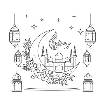 ramadan mosque moon lanterns black and white clip art preview
