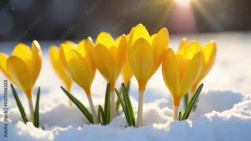 Aufkleber yellow crocuses bloom through a layer of snow under a bright sunlight. concept of spring awakening.
