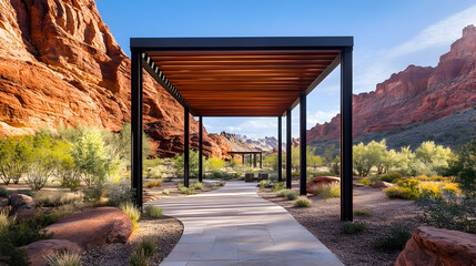 Modern Arizona desert pavilion with sleek architecture and panoramic red rock views