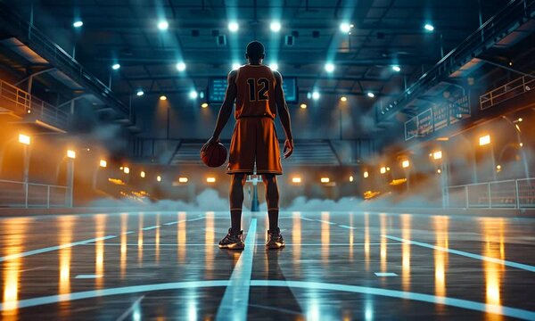 Basketball player standing alone on a court under stadium lights