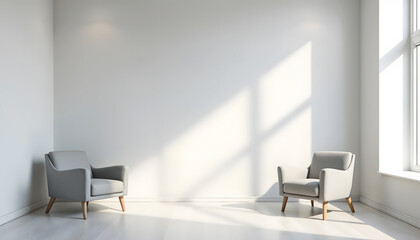 Modern white office interior design with a large empty wall for a mockup and two gray chairs illuminated by window light