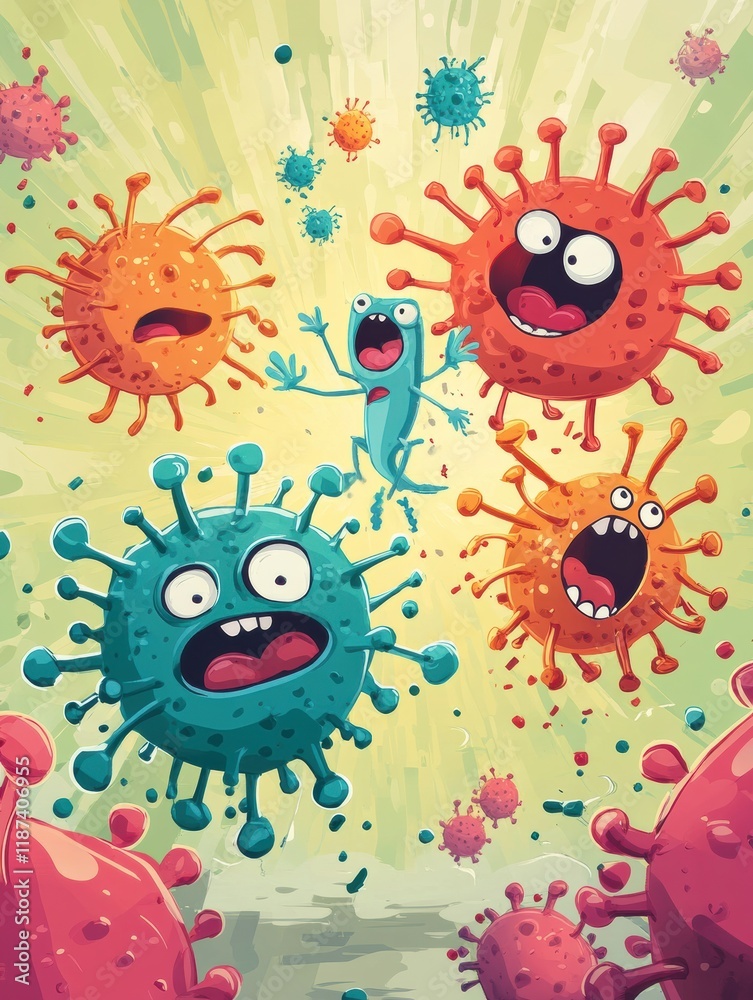 Poster colorful cartoon viruses engaged in playful battle against animated antibodies in a dynamic setting.