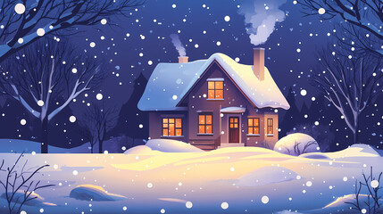 Naklejka premium A cozy house illuminated at night, surrounded by a blanket of fresh snow, creating a warm and inviting atmosphere during winter. Snowbound. Illustration