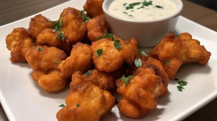 Crispy buffalo cauliflower bites served with a rich homemade sauce, offering a delicious and flavorful experience.