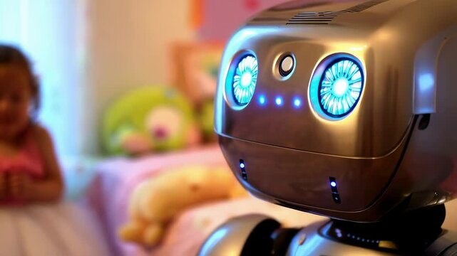Silvery robotic companion observing young girl playing in cozy bedroom, blue LED eyes monitoring child's activities with futuristic technological awareness - Powered by Adobe