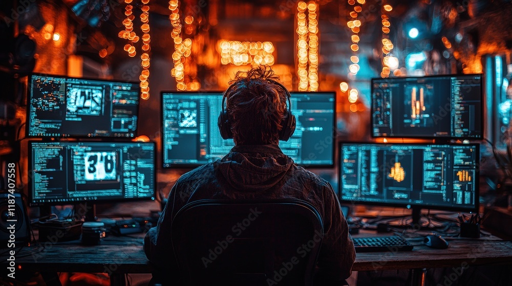 Poster a person wearing headphones sits in front of multiple computer monitors displaying code. ideal for s