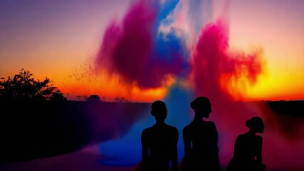 Ballerinas standing as dark silhouettes amid vibrant smoke swirling during dramatic sunset moment, creating powerful artistic performance scene