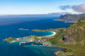 Aerial View of Lofoten Beach and Village on a Sunny Day