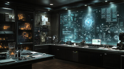 A Hacker's Lair: A gritty, futuristic room, a hacker's den, illuminated by the blue glow of multiple computer screens, with a wall covered in complex data and code.