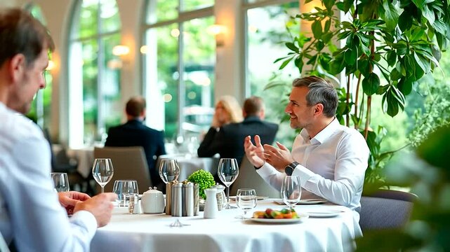 Elegant Business Lunch with Executives at Round Table in Restaurant