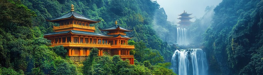 Naklejka premium Captivating waterfall view with ancient pagodas lush forest landscape photography serene nature aesthetic beauty