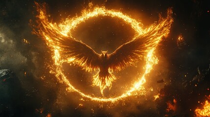 Epic phoenix rising in fiery circle cinematic artwork fantasy genre dramatic atmosphere dynamic perspective