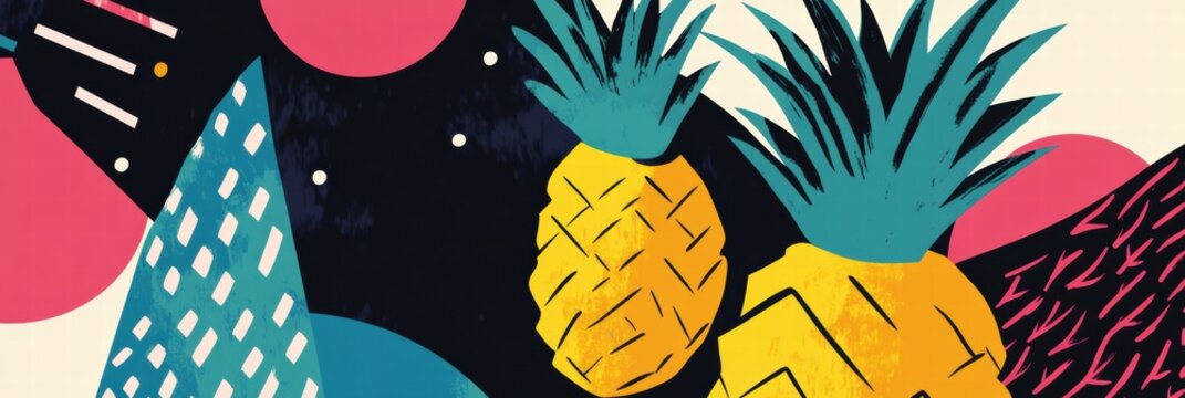 Vibrant abstract geometric design featuring pineapples with bold colors and shapes enhancing visual depth. Generative AI