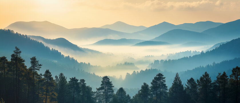 Malerische Berglandschaft im Nebel bei Sonnenaufgang

