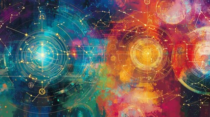 Obraz premium Vibrant illustration of astrological charts featuring mystical astrology diagrams star charts