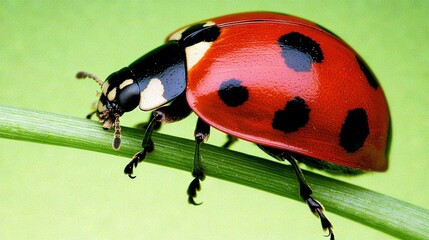 Naklejka premium Red & Black Lady Bug on Green Stem with White Spot