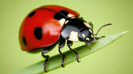   A close-up of a ladybug on a blade of grass, set against a dark green background