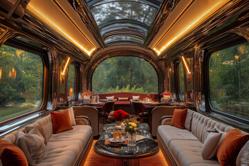 Luxurious train interior with elegant seating and panoramic views of nature