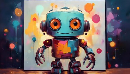 Charming Robot Portrayed in a Vibrant Painting, Capturing a Whimsical Mood with Colorful Brushstrokes and Detailed Textures, Showcasing Creativity and Innovation.