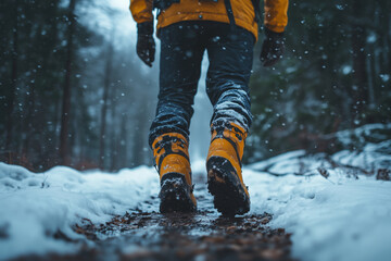 Exploring a winter trail amid falling snow in vibrant yellow boots