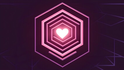 glowing pink heart at the center of a dark geometric maze background for use in digital art projects and romantic branding
