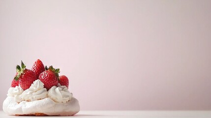   A close-up photo of a sweet treat featuring strawberries on top, resting on a white table against a pink backdrop