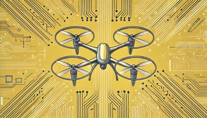Minimalistic line art of futuristic drone with sleek blades, layered over yellow abstract background with circuit like designs.