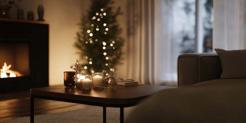 A beautifully arranged living room featuring a decorated Christmas tree, illuminating candles on a coffee table, and a flickering fireplace, creating a warm and inviting atmosphere.