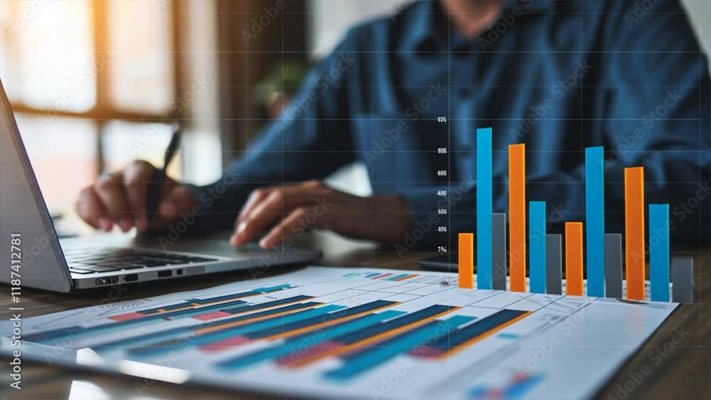Leinwandbilder Data Analysis and Business Growth Modern Office Charts and Graphs Showcasing Statistics on Laptop for Enhanced Productivity and Insights.