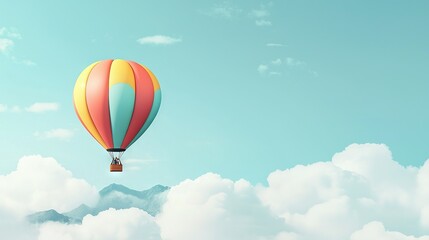 Obraz premium A vivid hot air balloon soars through a cerulean sky, framed by majestic mountains