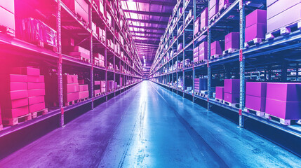 Obraz premium Warehouse Glow: A vibrant, stylized image of a vast warehouse interior, showcasing rows of stacked packages under a dramatic, neon-like lighting effect.