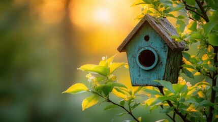 Rustic blue birdhouse in blossoming tree at sunset.